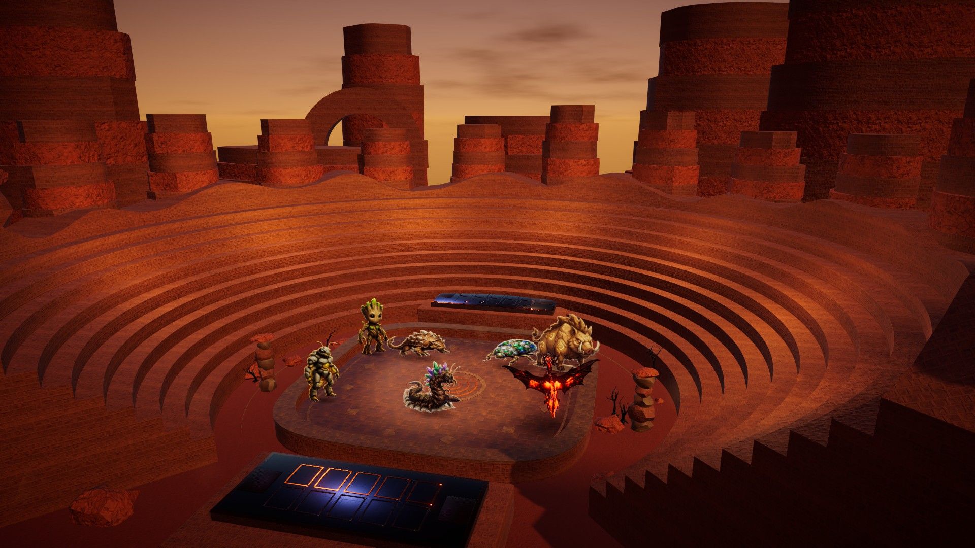 Earth arena at sunset, sandstone ruins beyond the stands