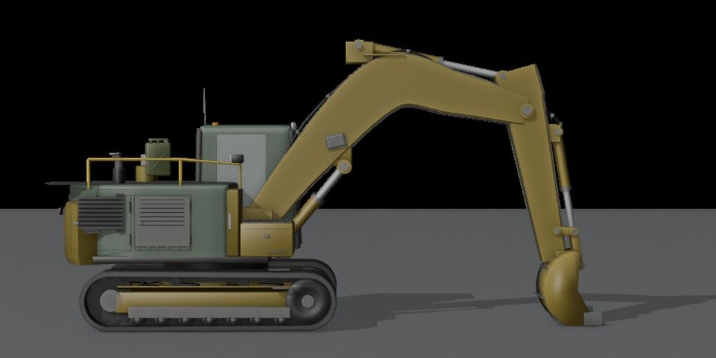 Yeniden yapılan ekskavatörün kil render'ı: kaynaklı bom, hidrolikler ve hortumlar