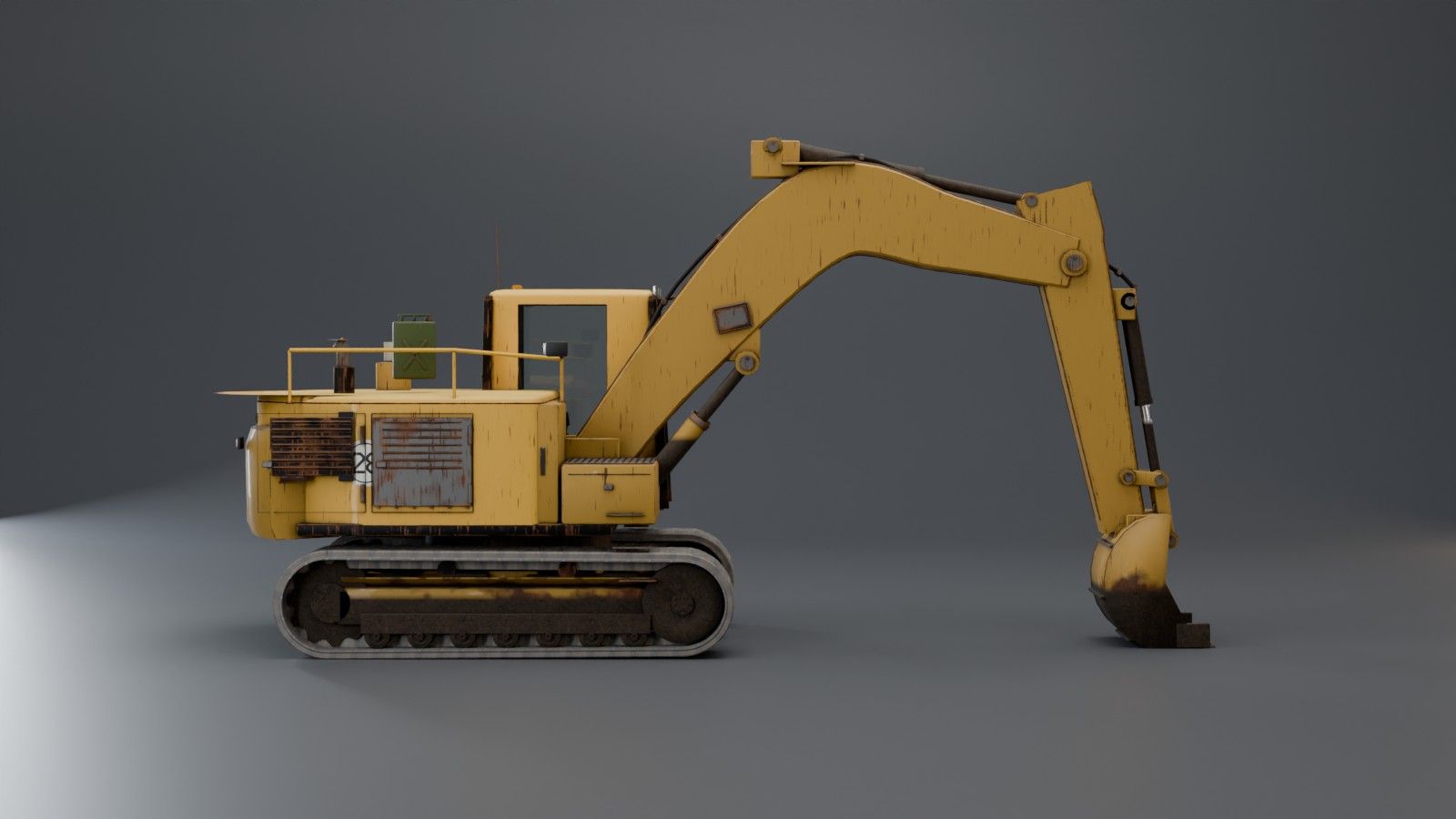 Studio side view of the rebuilt excavator in common yellow paint