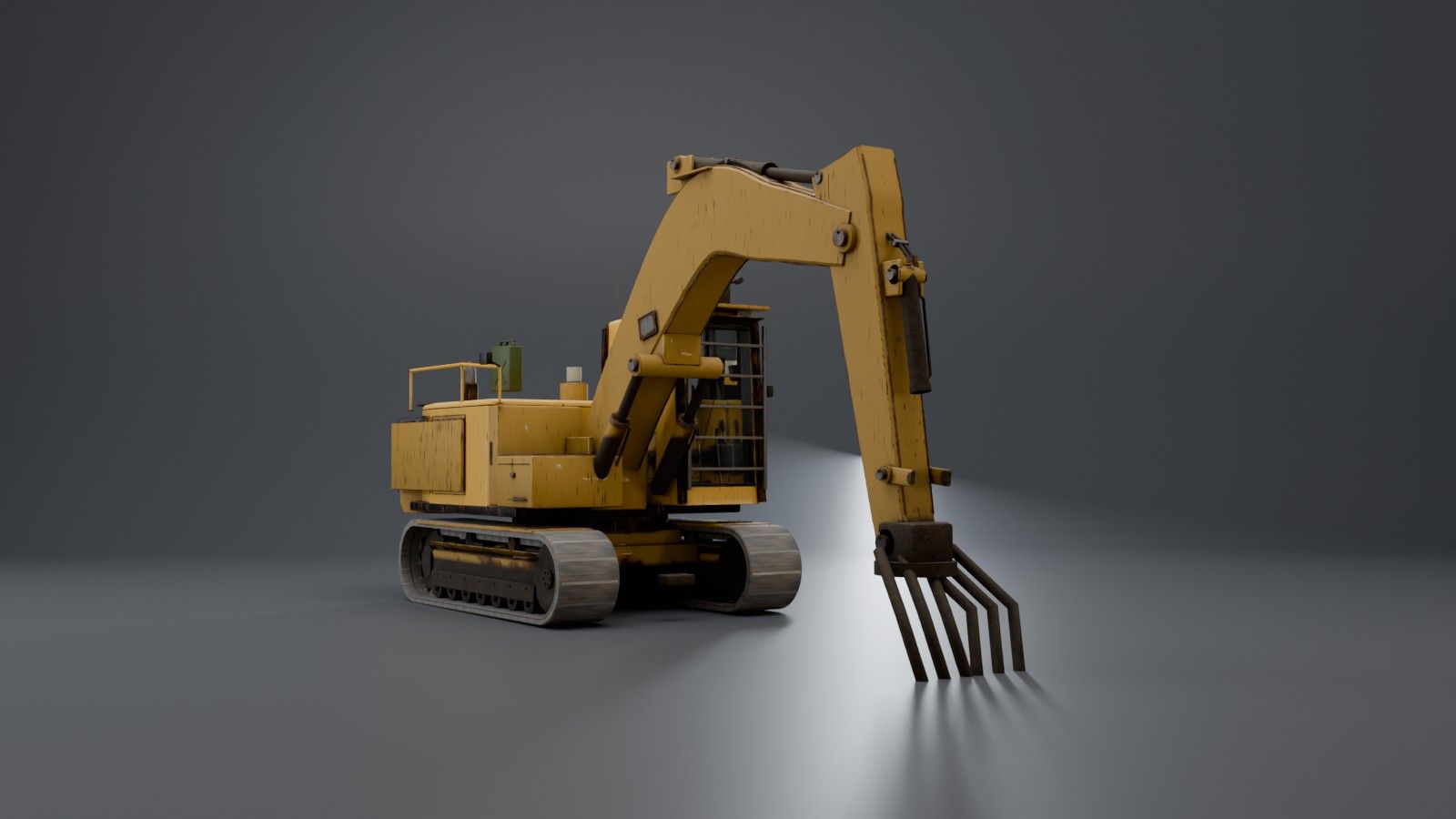 Studio render of the excavator with the T3 kit: log grapple instead of the bucket, house plates and a roof-mounted gun