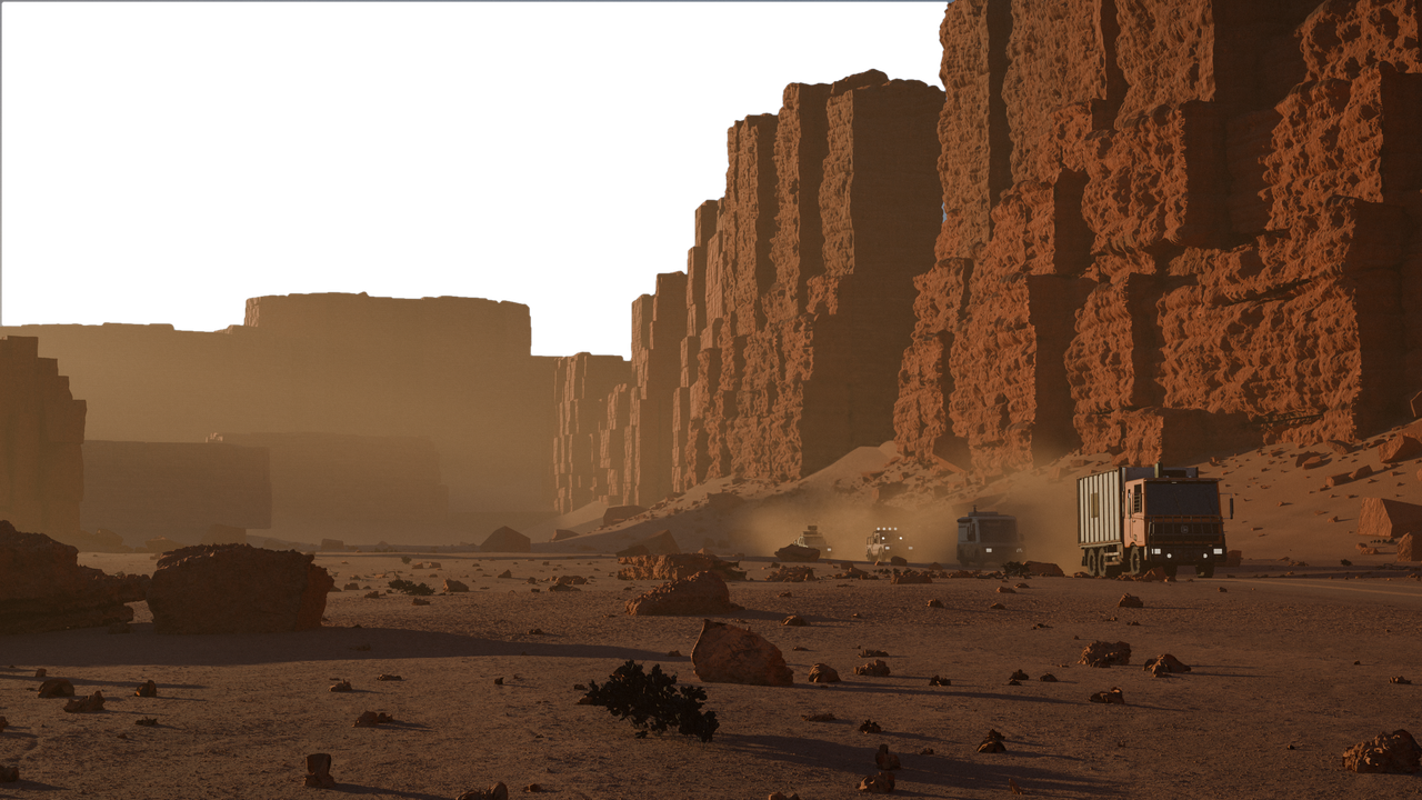 A convoy of four scrap-built vehicles crossing a red sandstone canyon at golden hour, dust trailing behind them