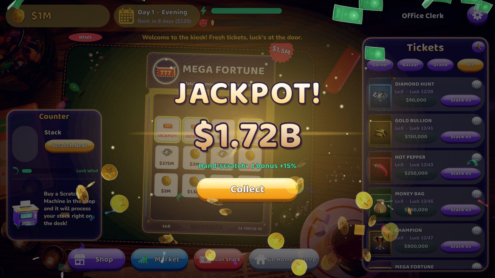 Jackpot screen with coins and confetti over the counter