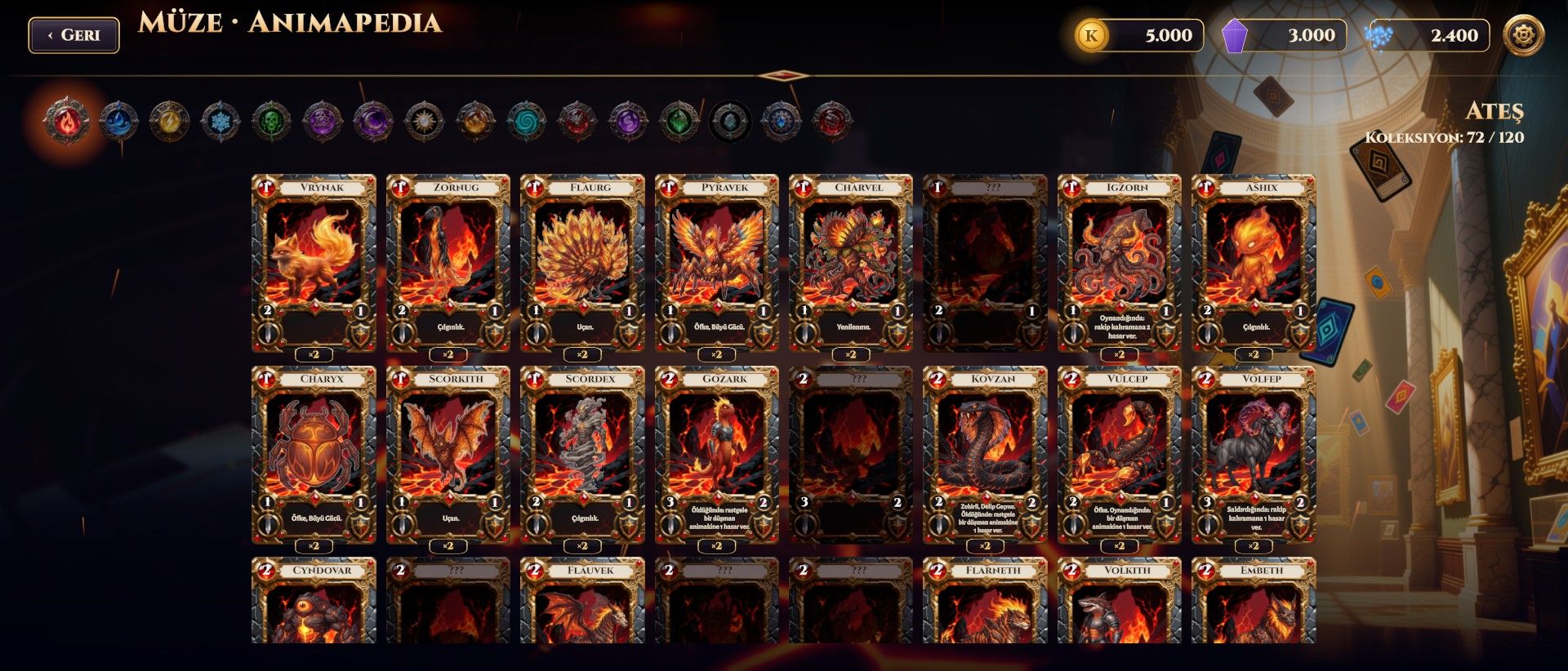 Museum grid of fire-class cards