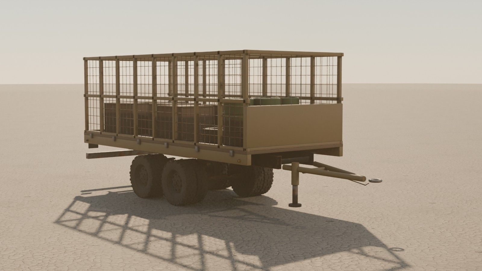 A cage trailer on a salt flat