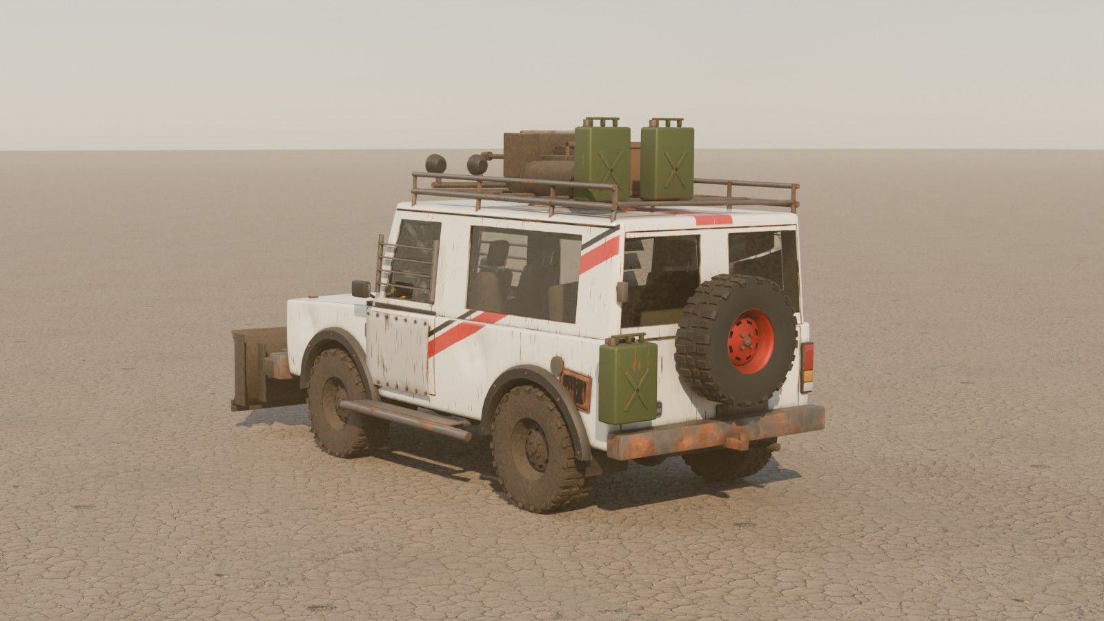 A white boxy off-roader with jerrycans and a spare wheel, rear view