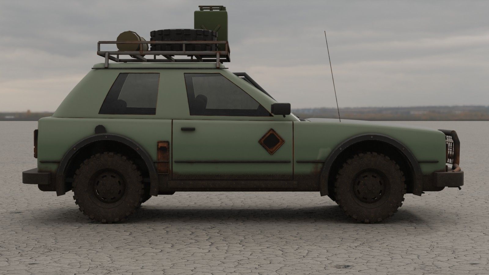 A green hatchback with a roof rack seen side-on