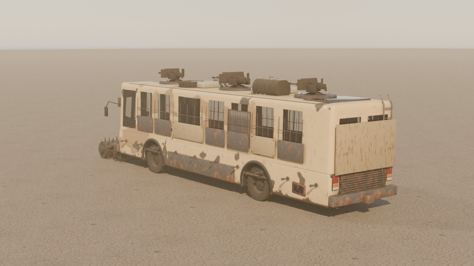 The armoured bus from the rear, cream paint worn to metal