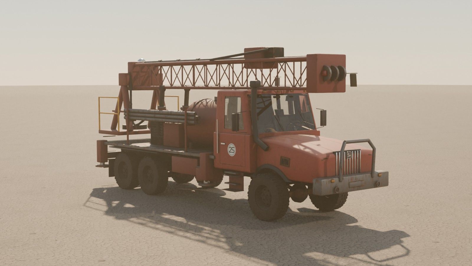 Red drill truck with a lattice tower folded down