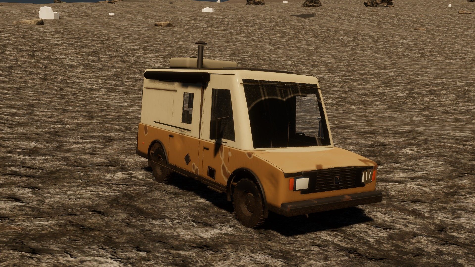 A cream caravan van with a chimney, parked on cracked ground